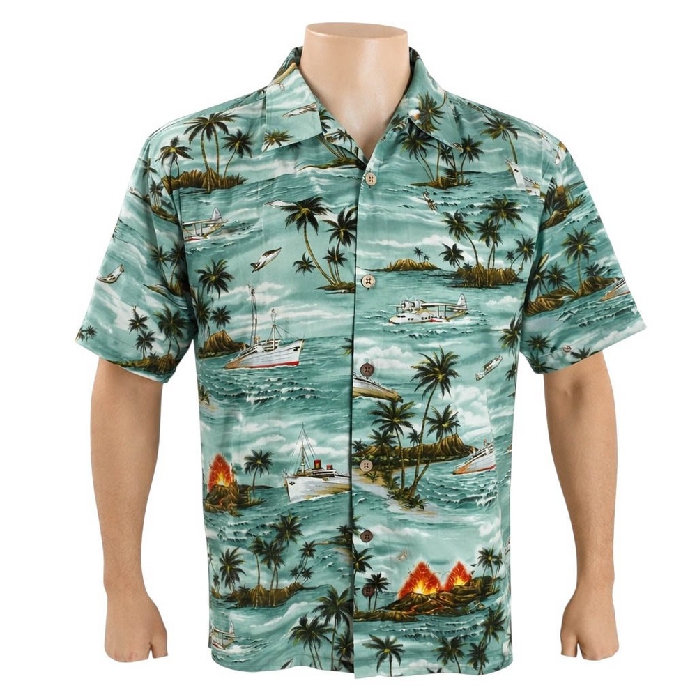 Aloha Republic Hawaiian Aloha Shirt 3XL Seaplanes Cruise Ships Palm Trees Waves